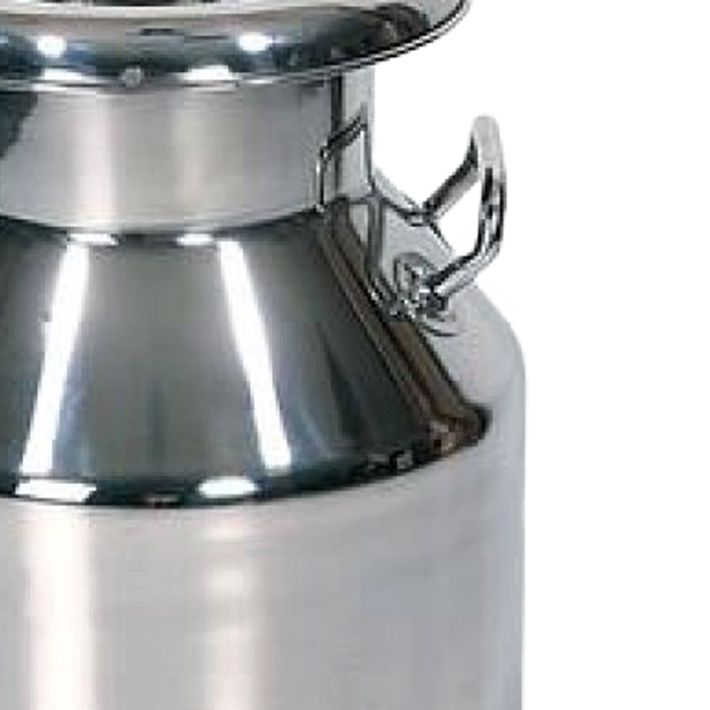Handcrafted large 40-liter polished stainless steel milk can with solid handles and tapered lid, designed for Farm, Garden & Tool, Animal Care, Best Sellers, and Promo Eligible collections.
