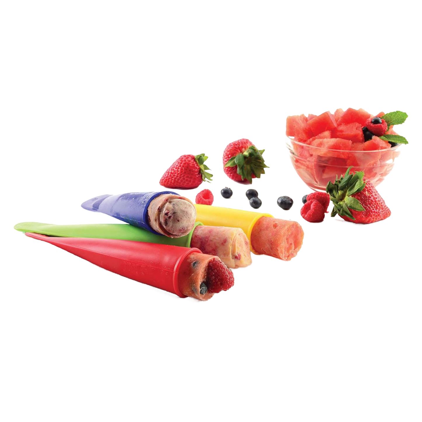 Four colorful reusable silicone molds filled with homemade frozen fruit pops, accompanied by fresh strawberries, blueberries, and raspberries, perfect for Kitchen & Food and Kitchen Gadgets collections.