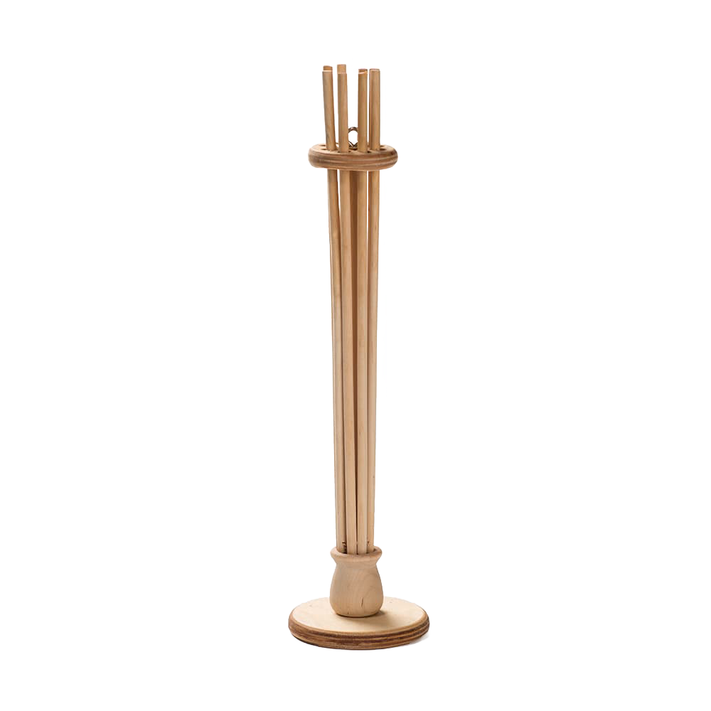 Tall wooden economical bag holder and bottle dryer with multiple vertical rods and round base, handcrafted for sustainable kitchen use, perfect for Kitchen & Food, Kitchen Gadgets, and Kitchen Accessories collections.