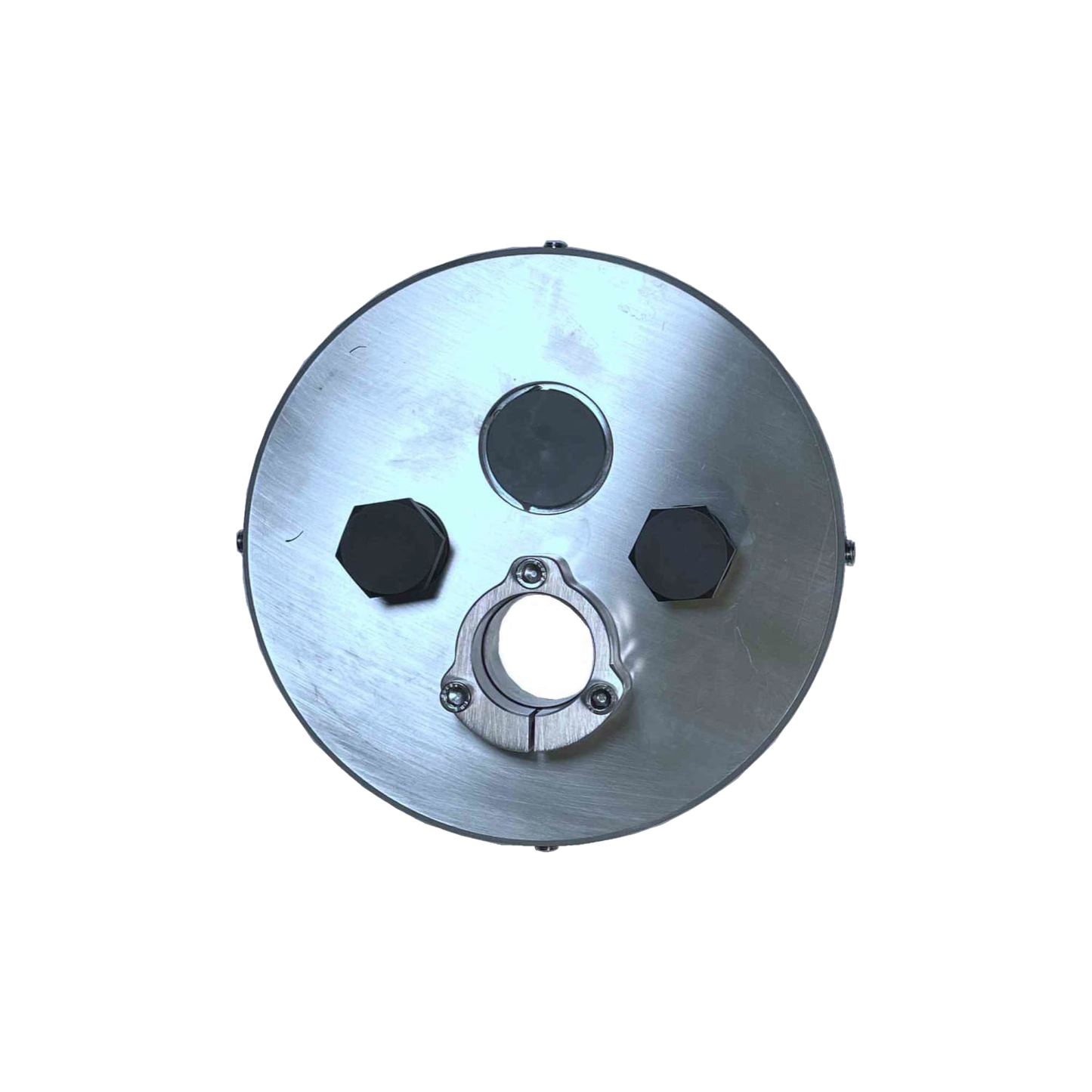 Circular all-metal non-pitless well cap featuring a 1-3/4" split flange, threaded ports with PVC plugs, crafted in the USA, ideal for deep well pumps and pump parts collections.