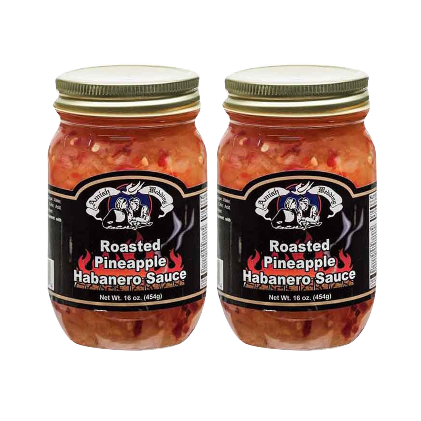Two jars of roasted pineapple habanero sauce with a black label featuring white text and a graphic, crafted in the USA, ideal for Kitchen & Food and Pantry collections.