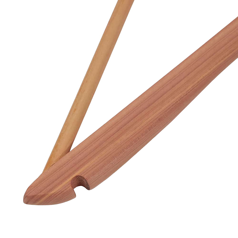 Close-up of a handcrafted natural cedar wood hanger with contoured notched shoulder and fixed horizontal bar, eco-friendly and ideal for Health & Wellness, Home & Decor, and Laundry Supplies collections.