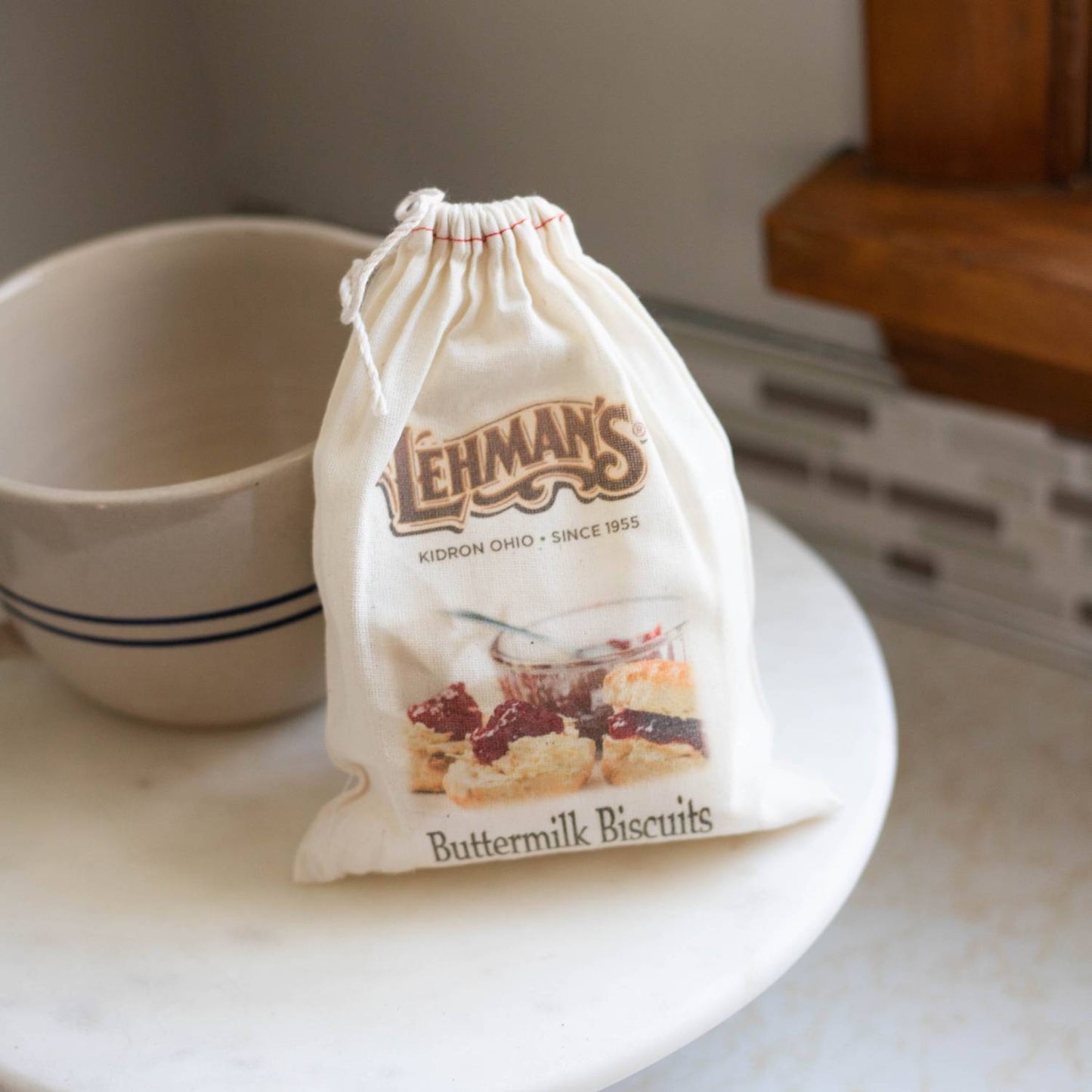 Unique handcrafted natural cloth sack of Lehman's buttermilk biscuit mix with vintage-inspired logo and image, ideal for Kitchen & Food, Pantry, Dry Goods and Best Sellers collections.