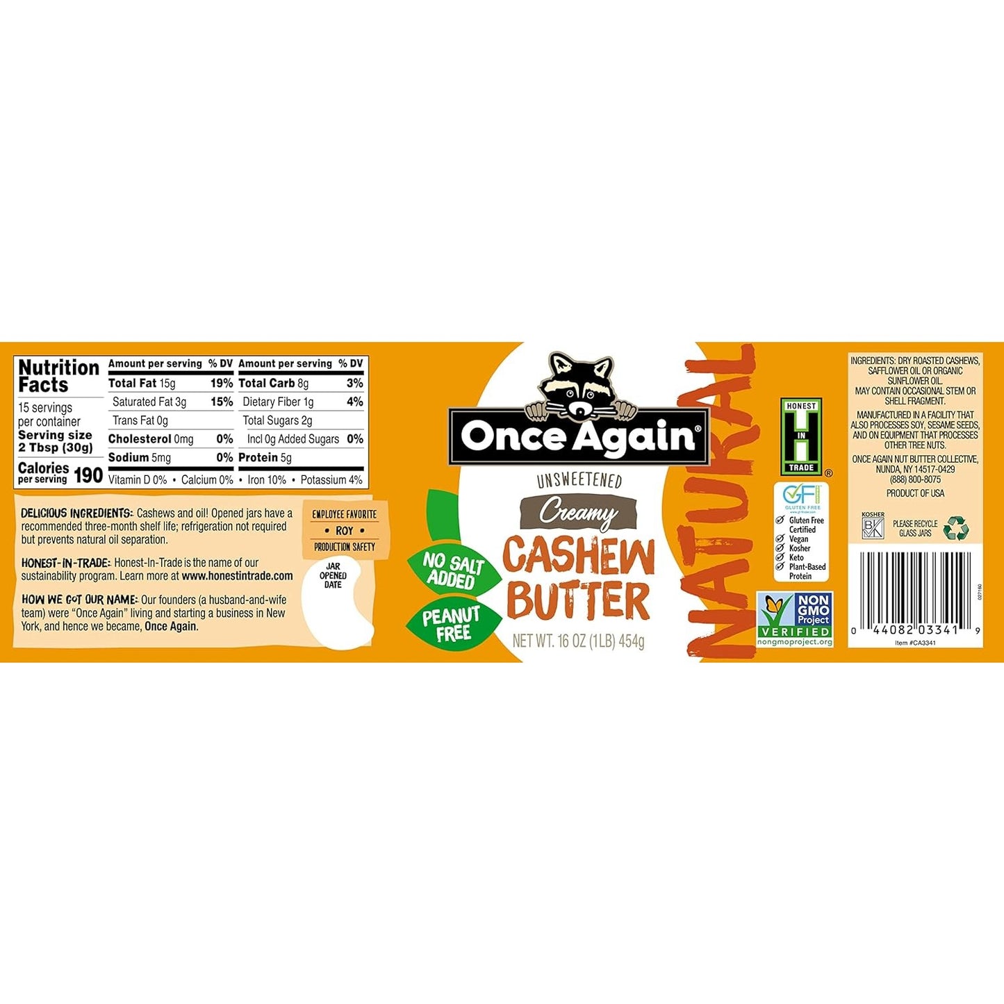 Creamy unsweetened cashew butter label featuring nutrition facts, ingredient list, certification logos, and natural claims, emphasizing no salt added and peanut-free qualities.