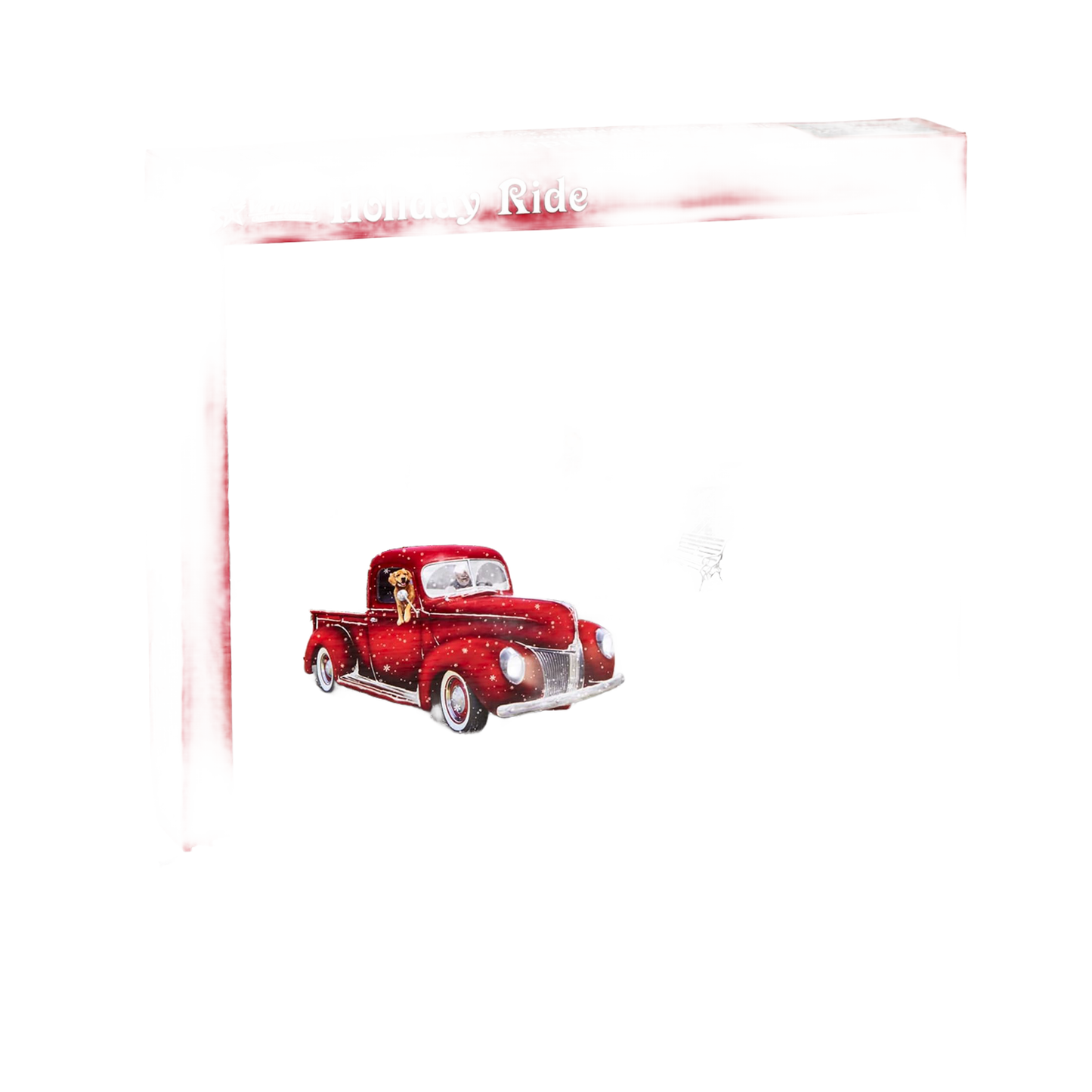Red vintage-style pickup truck with a small dog in the cab carrying a Christmas tree, shown on puzzle box art for a handcrafted holiday-themed jigsaw puzzle in Toys, Books & Games and Puzzles collections.