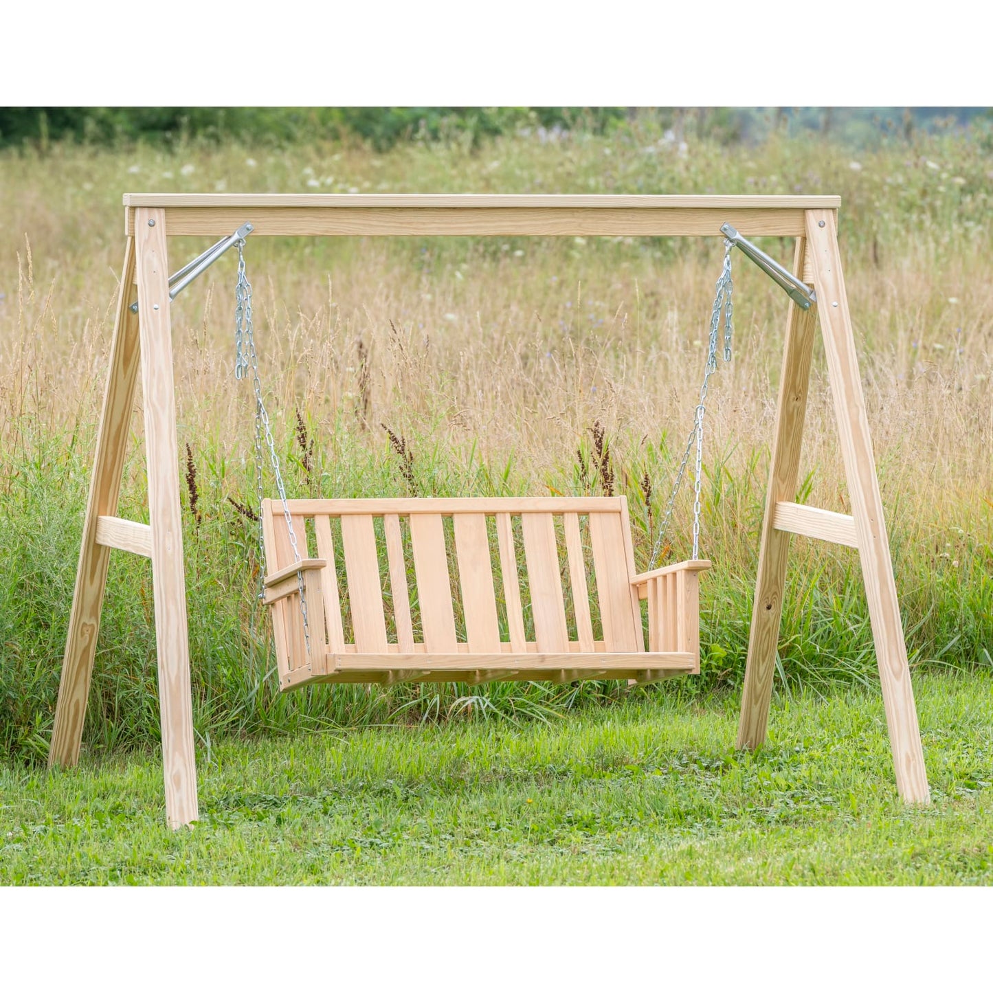 Handcrafted Amish-made cypress hanging porch swing with sturdy frame, designed for comfortable outdoor relaxation, featured in Home & Decor, Outdoor Furniture, and USA Made collections.