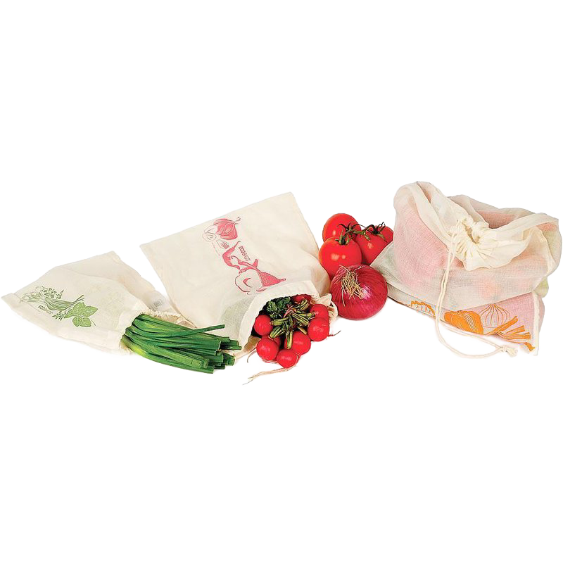 Set of three reusable produce bags in small, medium, and large sizes with vegetable-themed prints, designed for eco-friendly grocery storage in kitchen and food collections.