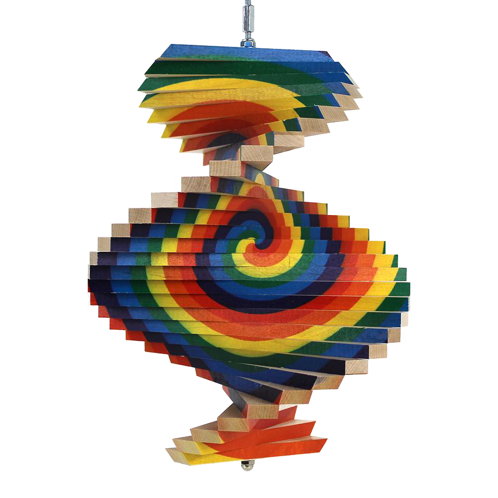 Handcrafted wooden spiral wind spinner with vibrant multi-colored tie dye design, made in USA, perfect for Home & Decor, Garden Accessories, Farm, Garden & Tool, and Best Sellers collections.