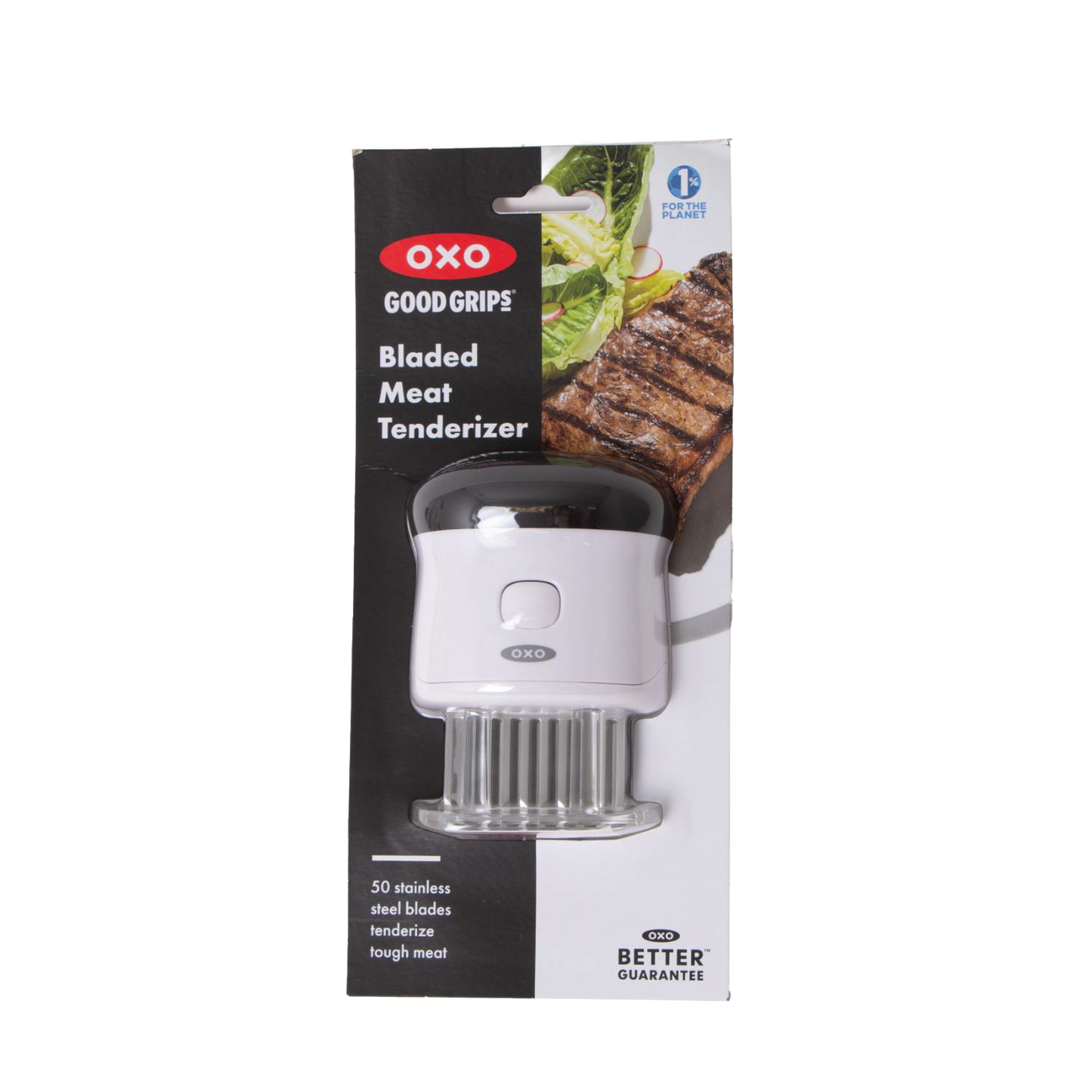 OXO bladed meat tenderizer with stainless steel blades and clear protective cover, featuring a comfortable grip, designed for Kitchen & Food, Specialty Equipment, Butchering Supplies, Best Sellers, and Promo Eligible collections.