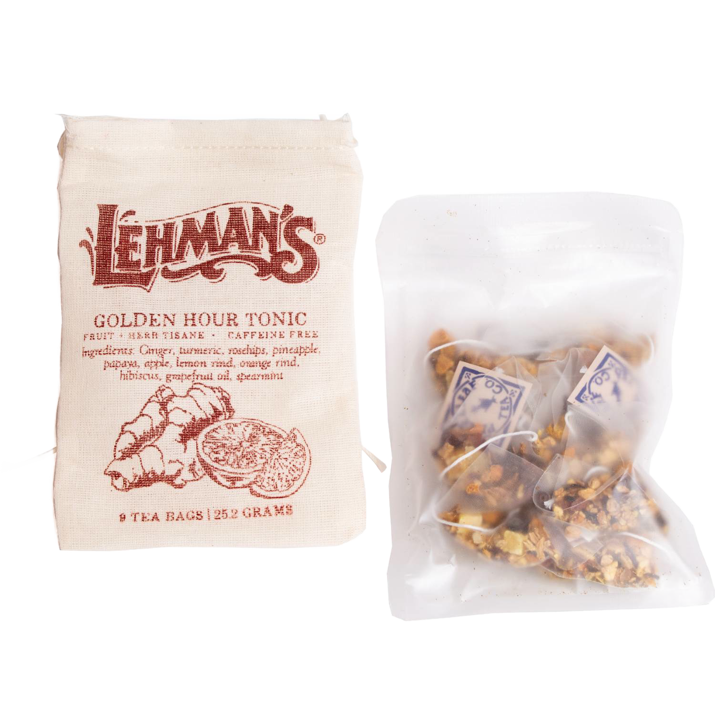Natural cloth pouch with vintage-inspired Lehman’s logo and text describing Golden Hour Tonic herbal blend, paired with a clear resealable bag holding nine handcrafted tea bags, part of Kitchen & Food, Brewing Coffee and Tea, USA Made, Best Sellers, Promo Eligible collections.