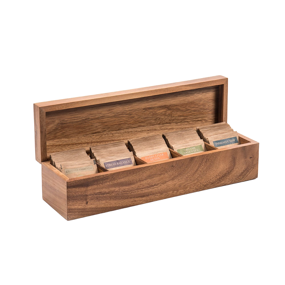 Handcrafted acacia wood tea box with six compartments holding assorted tea bags, designed for Kitchen & Food, Brewing Coffee and Tea, Storage and Serving collections.