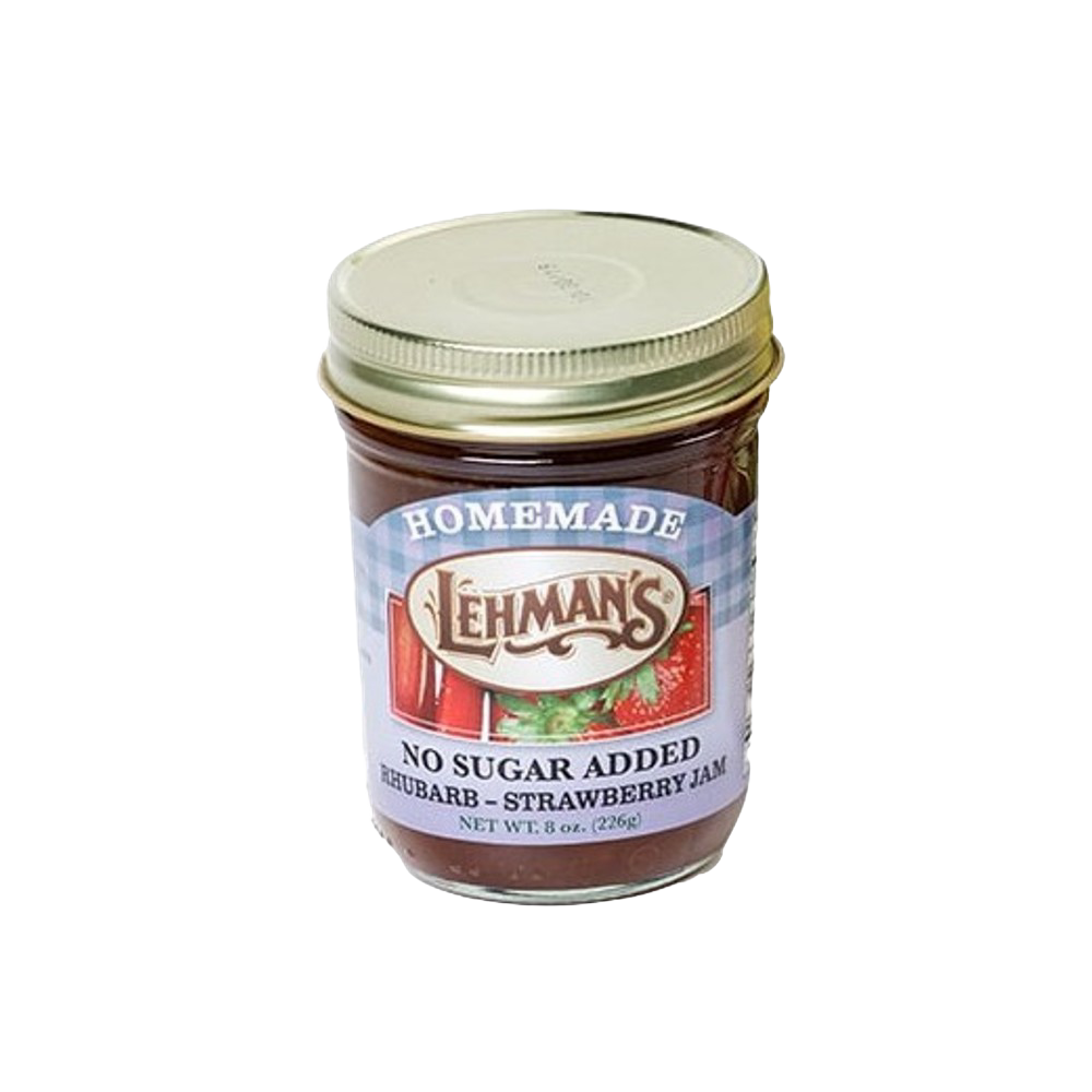 Glass jar of handcrafted rhubarb and strawberry jam with no added sugar, featuring a metal lid and label with a rustic design, part of Kitchen & Food and USA Made collections.