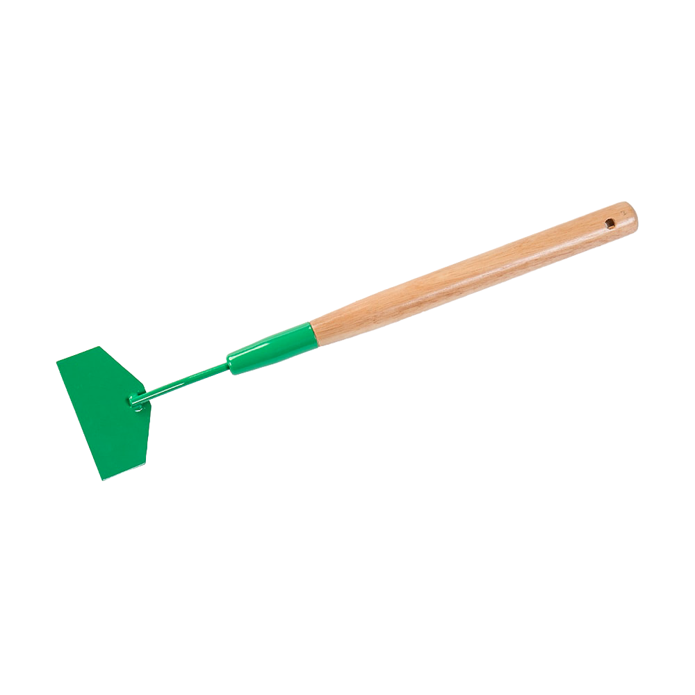 Hand tool with a green carbon steel blade and wooden handle designed for safely scraping grass and debris from lawn mower blades, featured in Farm, Garden & Tool and Lawncare collections.