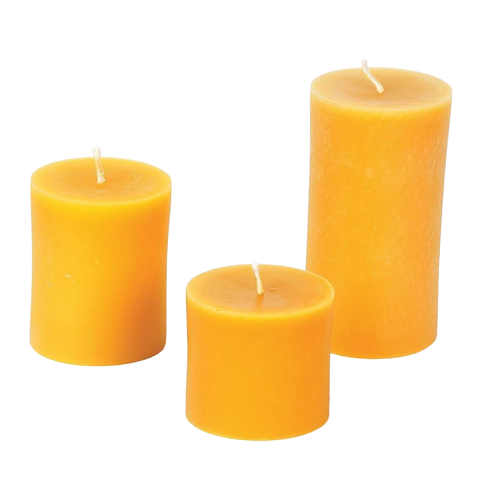 Set of three handcrafted beeswax pillar candles in warm honey color with varying heights, naturally dripless and smokeless, made in USA, featured in Lamps & Lighting and Candles collections.