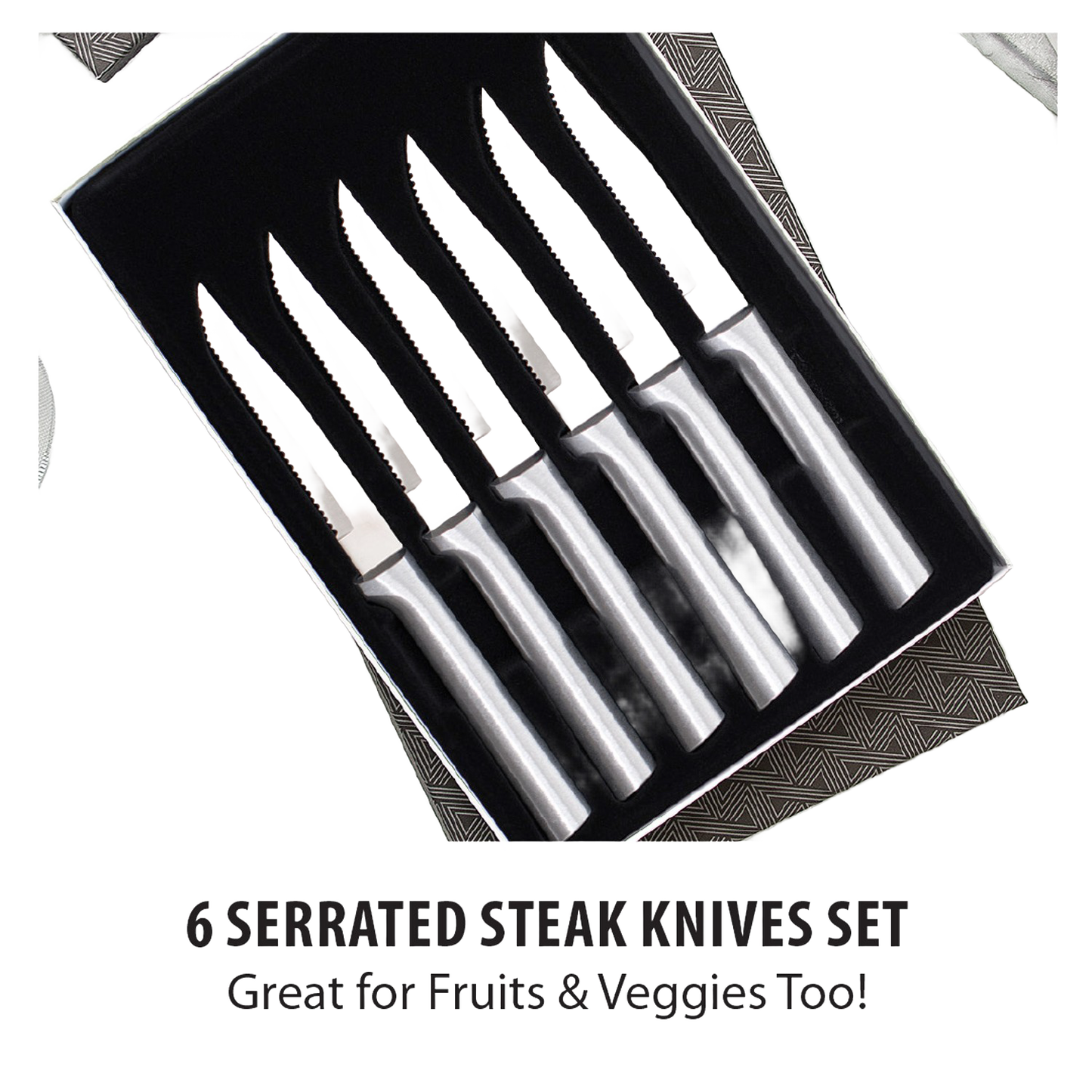 Set of six handcrafted stainless steel serrated steak knives with ergonomic handles, designed for precise cutting, perfect for kitchen knives, food prep, and USA Made collections.