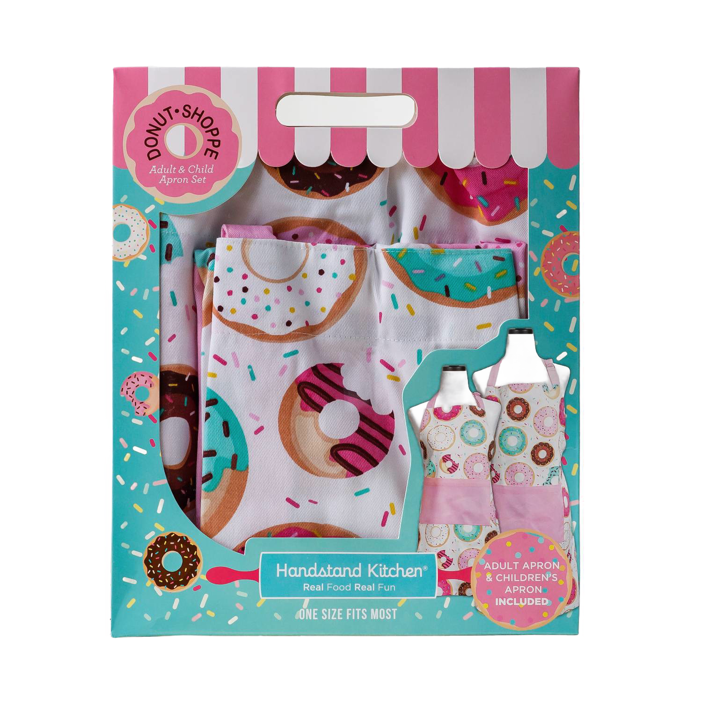 Set of matching aprons for adults and children with colorful donut patterns and large front pockets, designed for cooking and crafts; ideal for Kitchen & Food and Kitchen Textiles collections.
