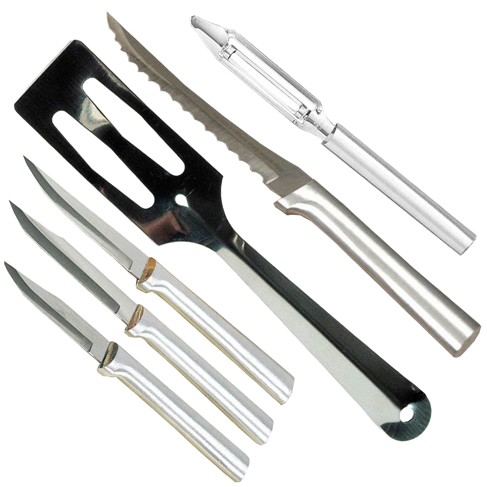 Set of six handcrafted kitchen tools including three paring knives, a serrated knife, a slotted spatula, and a peeler, made in USA, ideal for food prep and farm, garden & tool collections.