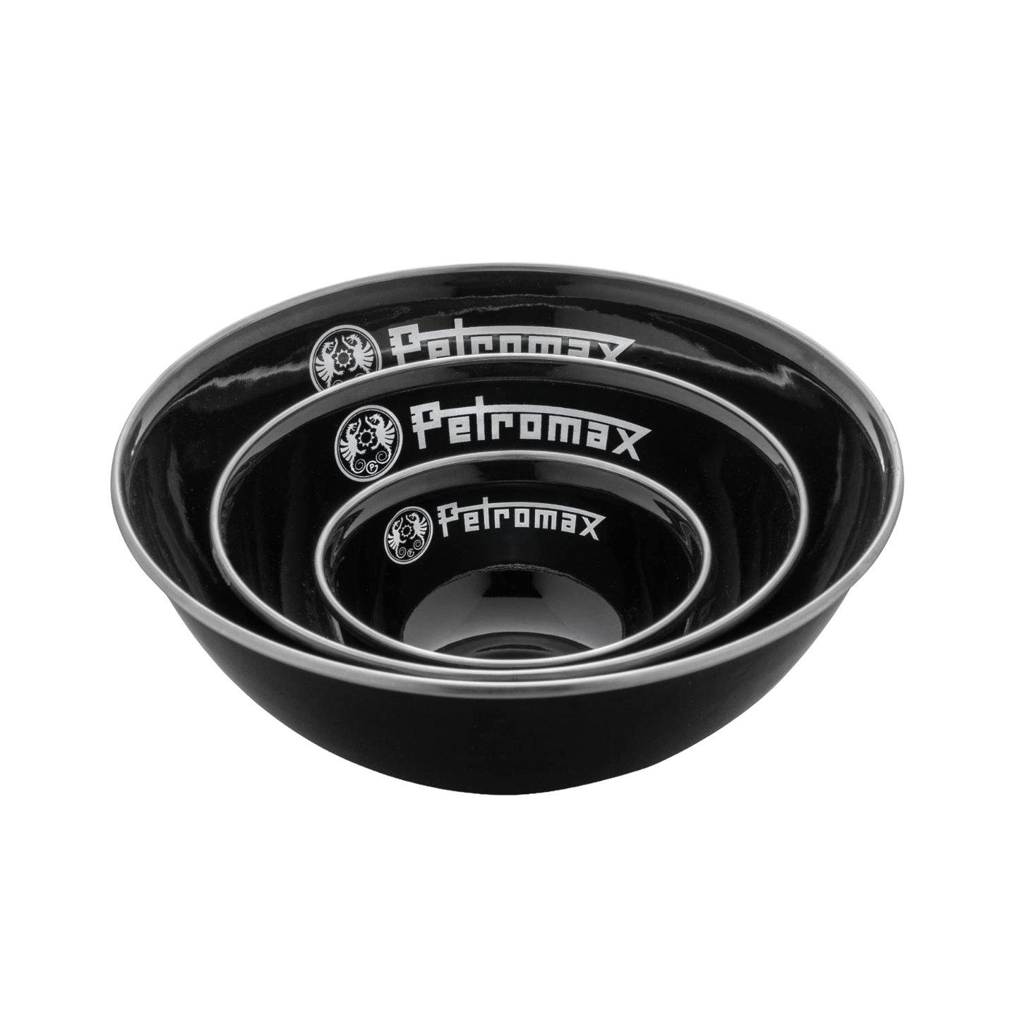Set of three black enamel bowls with white logos, crafted for durable, heat- and scratch-resistant use, lightweight for camping and outdoor activities in Farm, Garden & Tool, Kitchen & Food, and Dinnerware collections.