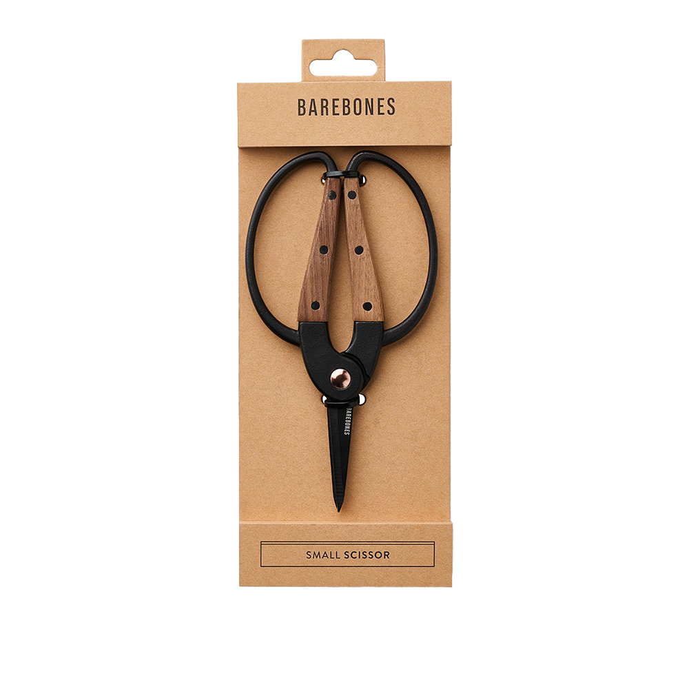 Small gardener’s scissors with heat-treated stainless steel blades and wide walnut handles featuring an ambidextrous grip, ideal for precise herb harvesting in Farm, Garden & Tool and Garden Accessories collections.
