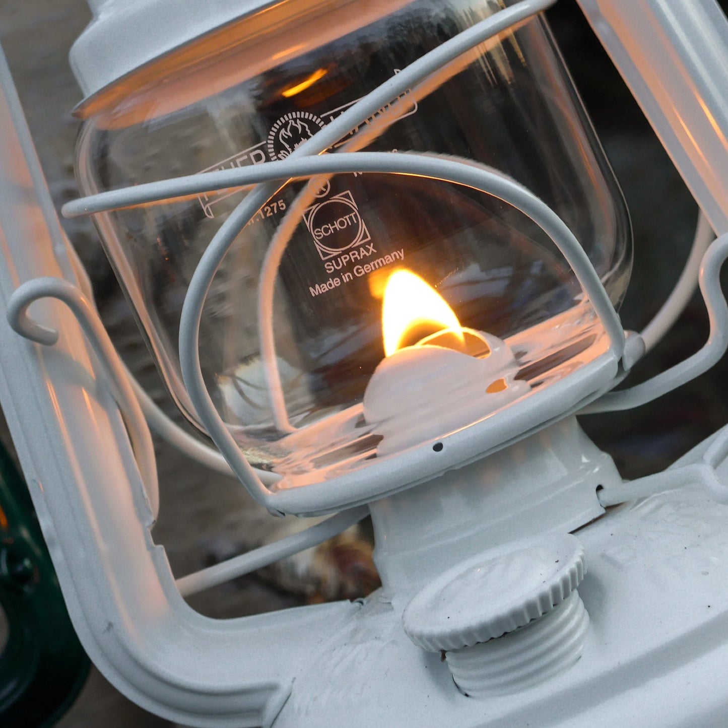 Handcrafted white galvanized oil lantern with a glowing thermal heat-resistant SUPRAX globe, ideal for reliable lighting in Camping, Emergency Supplies, and Lamps & Lighting collections.