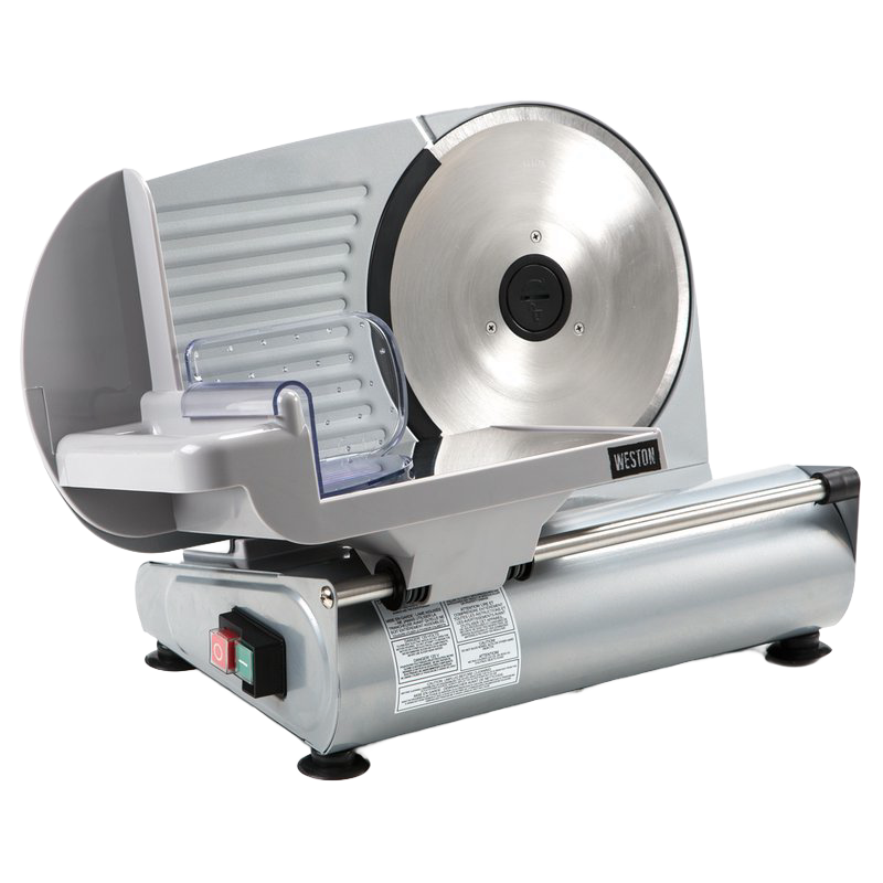Electric deli slicer with corrosion-resistant steel and aluminum housing, featuring a rotary stainless steel blade, adjustable thickness control, and included food pusher, ideal for Kitchen & Food and Specialty Equipment collections.