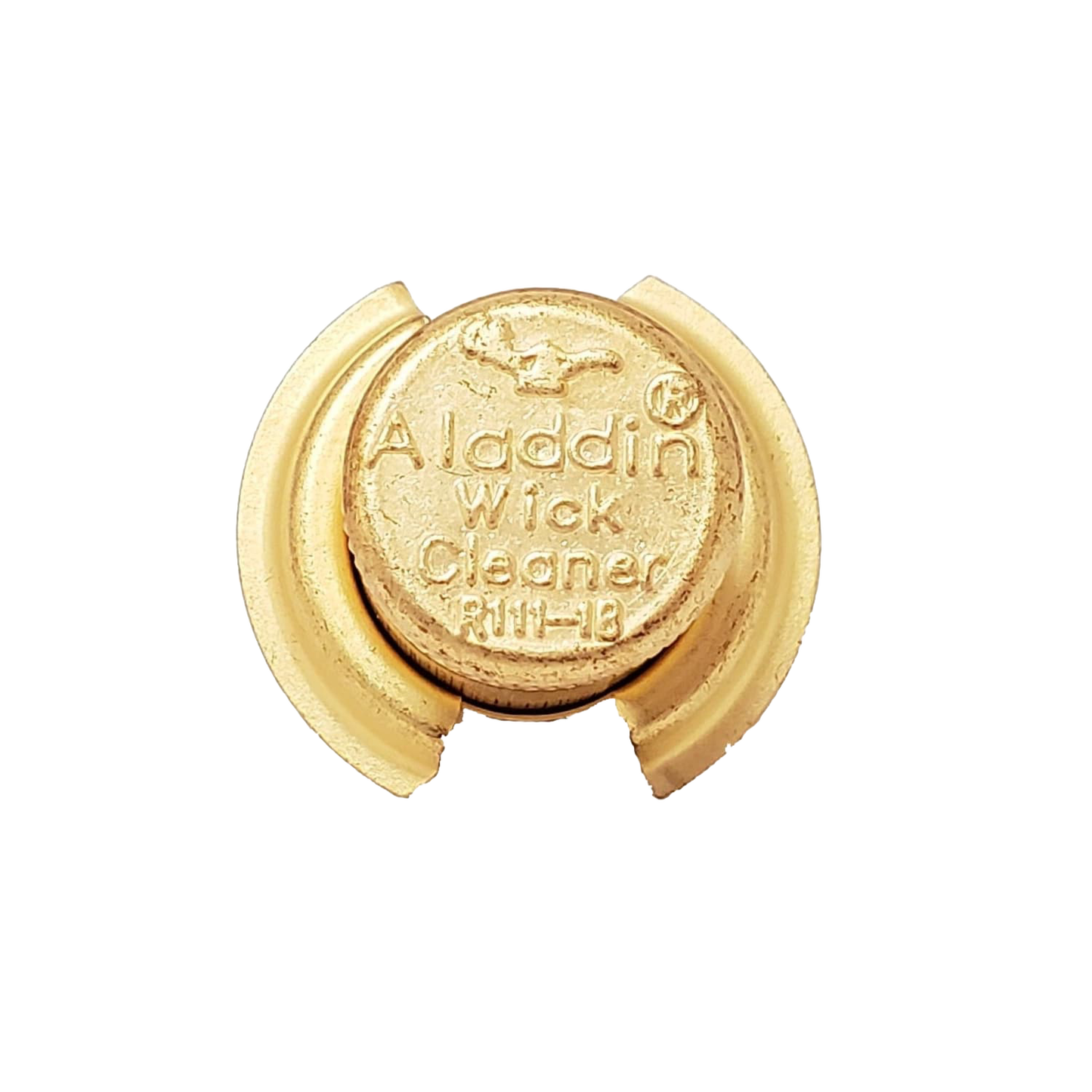 Compact brass wick cleaner with embossed "Aladdin Wick Cleaner" text and bird logo, essential accessory in Lamps & Lighting and Parts and Accessories collections.
