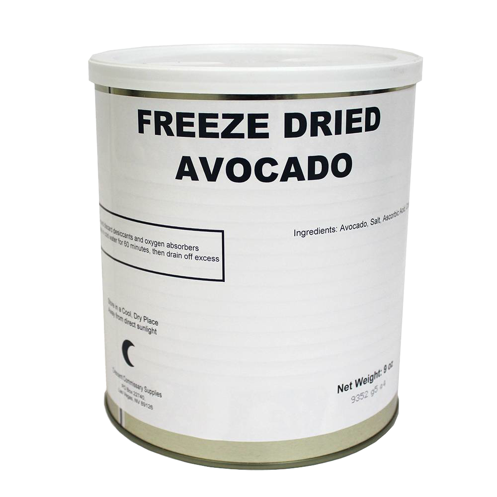 Canister of handcrafted freeze-dried avocado slices made in USA with long shelf life, ideal for emergency supplies, kitchen, food storage, and farm collections.