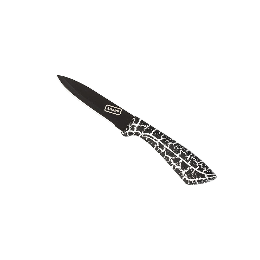 Small paring knife with a black stainless steel blade and a black-and-white patterned rubberized handle, ideal for food prep and kitchen tasks in Farm, Garden & Tool collections.