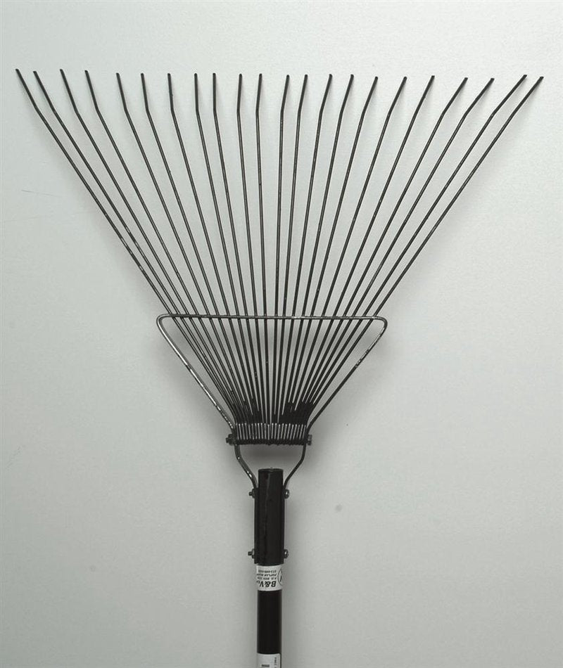 Close-up of a rugged garden rake featuring durable tempered steel tines and a strong metal frame, designed for farm, garden, and lawncare use, made in USA and part of best sellers.