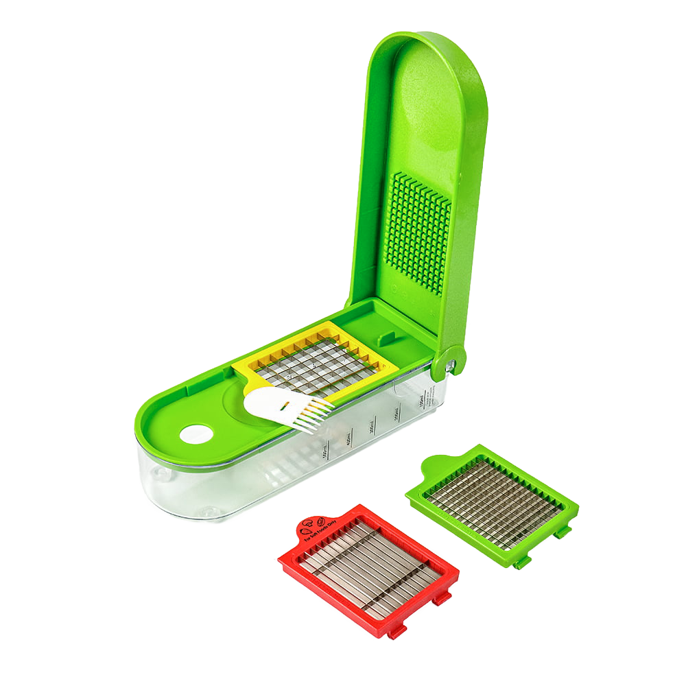 Handcrafted green dice and slice chopper with clear container and interchangeable blade plates for versatile veggie and fruit prep, featured in Kitchen & Food, Food Prep, Choppers and Cutters, Kitchen Gadgets, Kitchen Accessories, Best Sellers, and Promo Eligible collections.