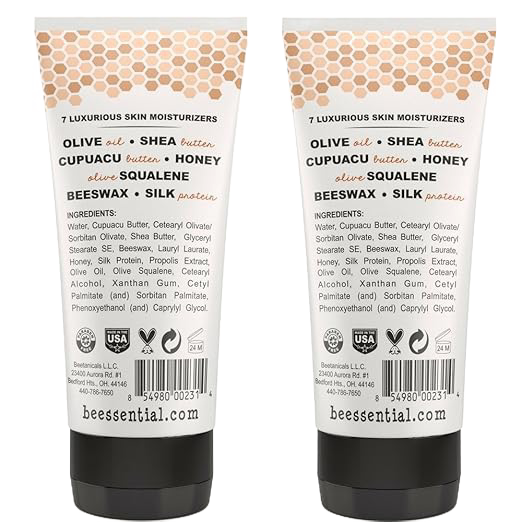 Two 6 fl oz tubes of Beessential Hand and Body Cream showcasing a natural formula with honey, beeswax, and silk protein, handcrafted in USA, featured in Health & Wellness, Balms, Creams and Lotions, USA Made, Best Sellers, Promo Eligible, and Sale collections.