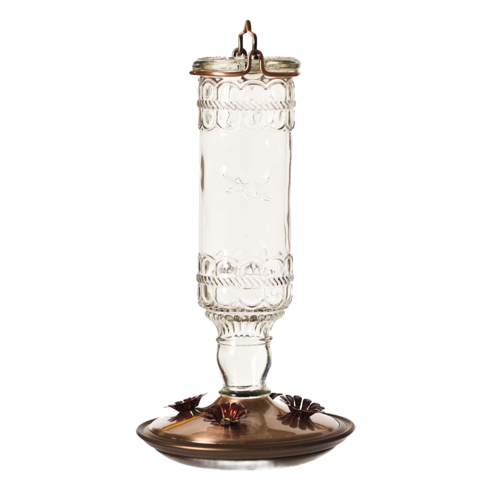 Clear vintage-style embossed glass hummingbird feeder with brushed copper base, four flower-shaped feeding ports, and metal hanger, perfect for Farm, Garden & Tool and Animal Care collections.