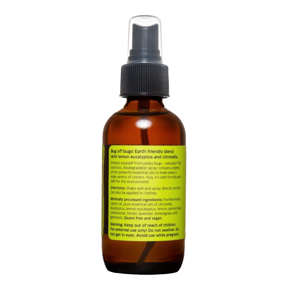 Amber glass spray bottle of natural insect repellent featuring a bright green label describing essential oil ingredients, safe for kids, suitable for Farm, Garden & Tool, Camping, USA Made, and Best Sellers collections.