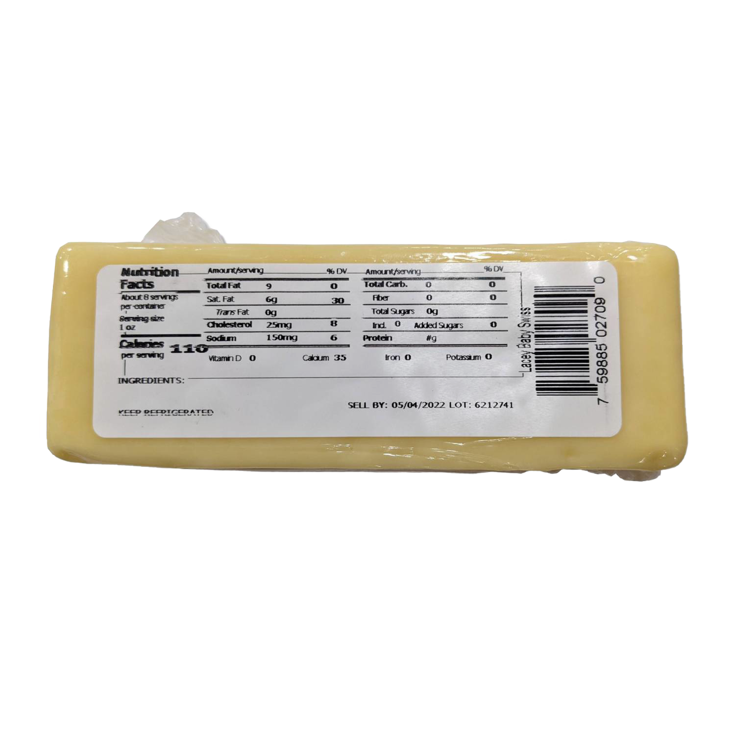 Block of handcrafted Lacey Baby Swiss cheese with nutrition facts label showing zero carbohydrates, 9g total fat, 6mg cholesterol, and made in USA, ideal for Kitchen & Food and Meats collections.