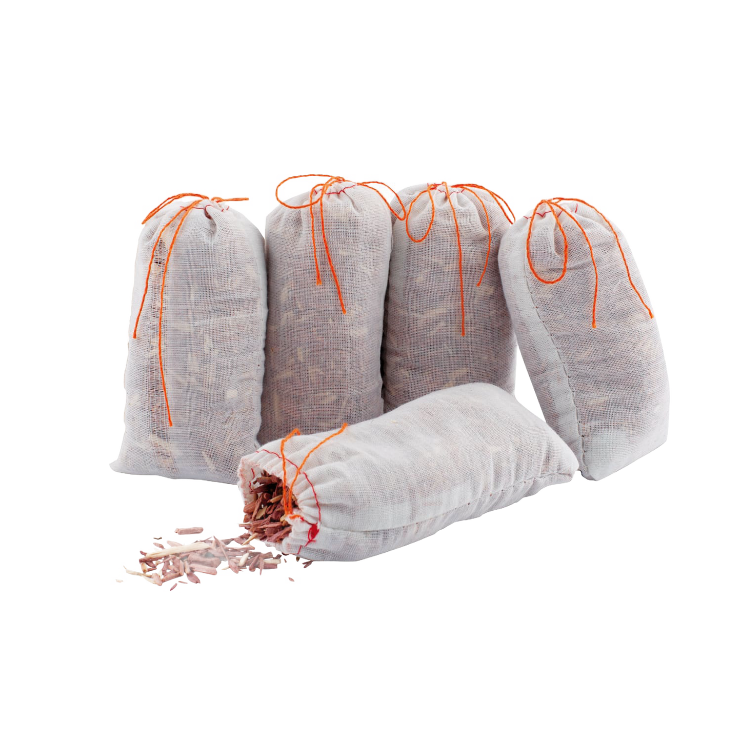 Set of five natural red cedar sachets in breathable fabric bags with orange ties, handcrafted for chemical-free moth protection, suitable for closets and drawers in Home & Decor and Clothing collections.