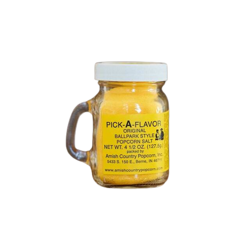 Glass jar of yellow ballpark-style popcorn salt with white lid and handle, made in USA, featured in Kitchen & Food, Snacks and Sweets, and Popcorn collections.