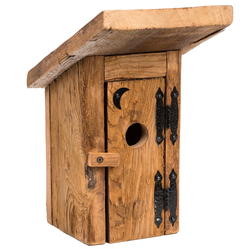 Rustic handcrafted birdhouse made from reclaimed thick wood with deep grain texture, featuring a hinged door with decorative black hinges, part of USA Made, Amish Made, and Garden Accessories collections.
