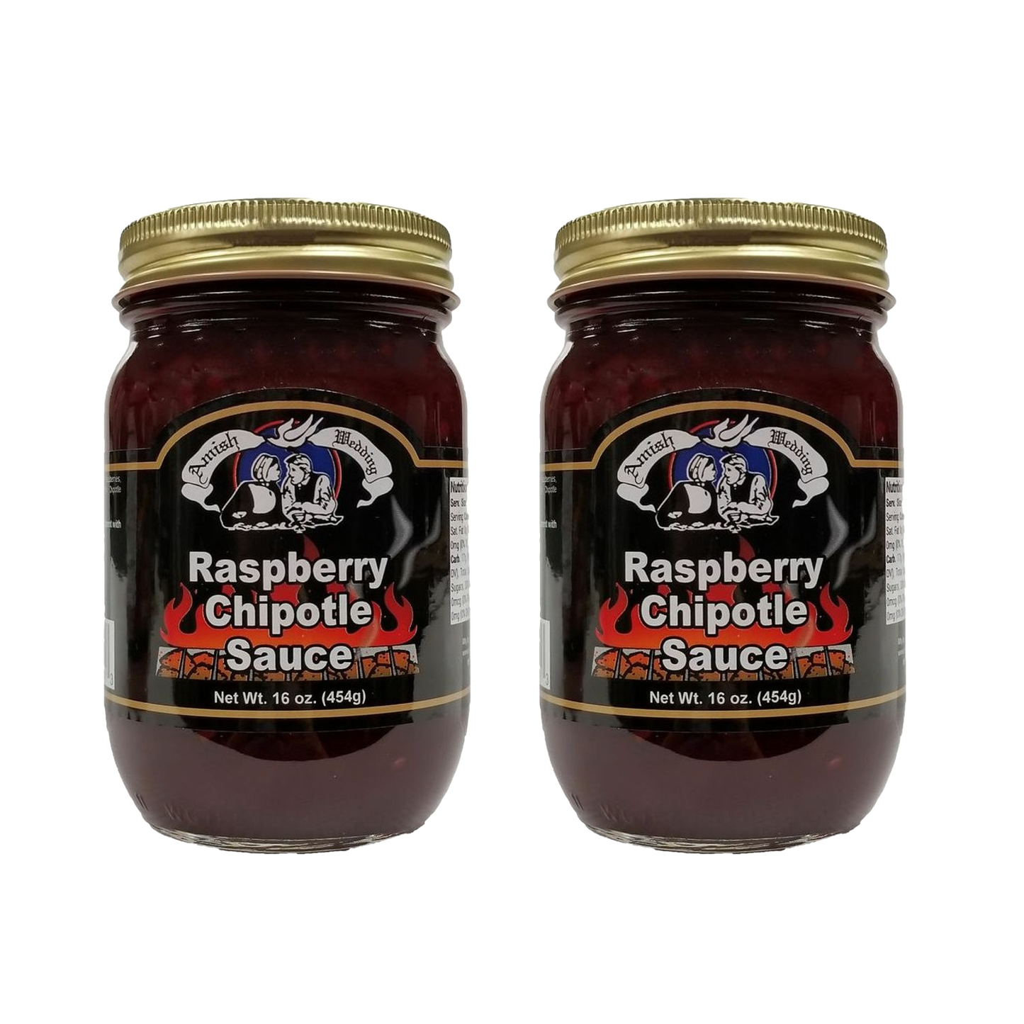 Two handcrafted glass jars of raspberry chipotle sauce with gold lids, featuring a black label with fiery design, made in USA, ideal for Kitchen & Food, Pantry, and Best Sellers collections.