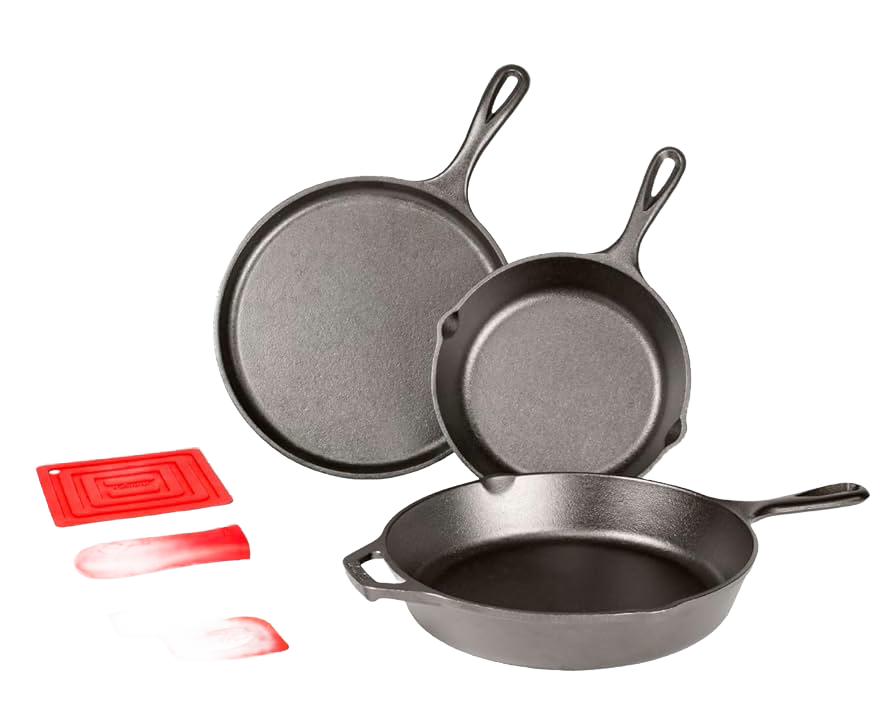 Set of three cast iron skillets and griddle with two red silicone handle holders and pot holder, perfect for cooking and homesteading in Farm, Garden & Tool and Kitchen & Food collections.