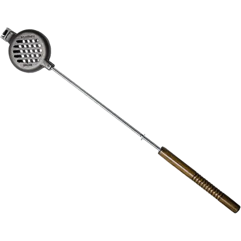 Handcrafted cast iron burger pie iron with slotted grilling surface and long metal handle featuring wooden grips, designed for outdoor cooking, camping, and garden tool collections.