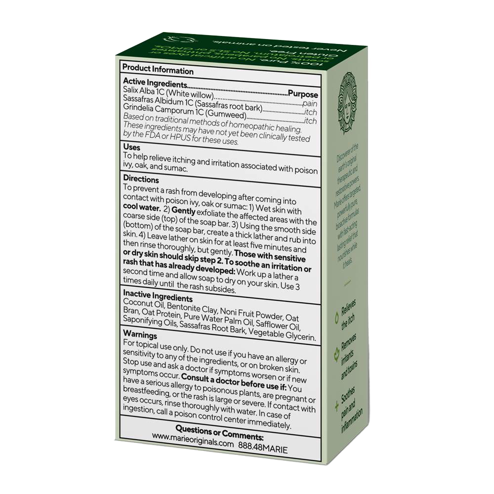 Box packaging of a handcrafted soap bar highlighting active natural ingredients like white willow, sassafras root bark, and gurnweed, with detailed instructions for soothing poison ivy, oak, and sumac irritation, featured in Health & Wellness, Farm, Garden & Tool, and USA Made collections.