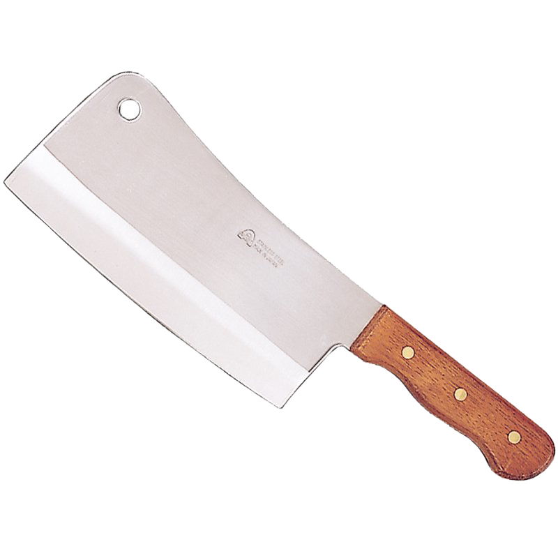 Sharp stainless steel meat cleaver with a full-tang wooden handle secured by triple rivets and a hanging hole, ideal for farm, kitchen, and butchering tasks.