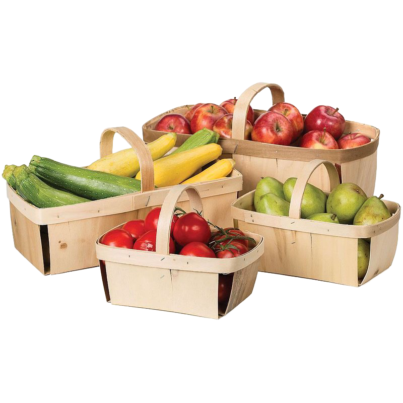 Set of four handcrafted poplar wood harvest baskets in varying sizes, each with double strap handles, filled with fresh garden produce, ideal for farm, garden, and USA Made collections.
