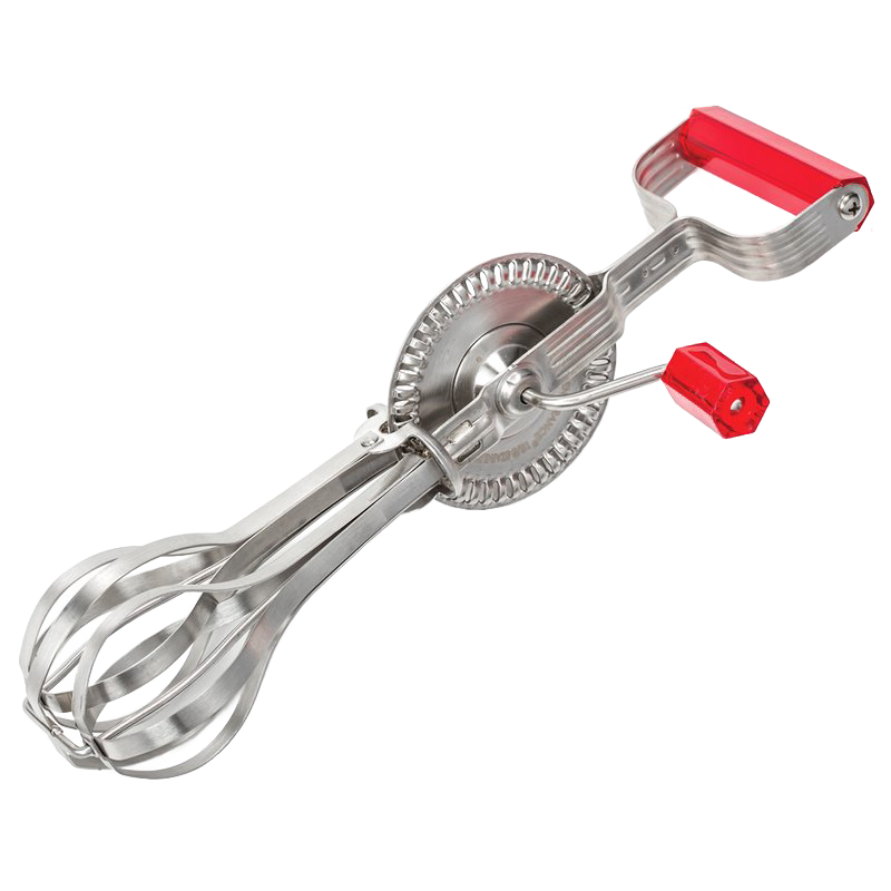 Vintage-style hand-cranked egg beater with antique 18/8 stainless steel beaters and red sturdy plastic handles, designed for Kitchen & Food, Kitchen Gadgets, and Baking Helpers collections.
