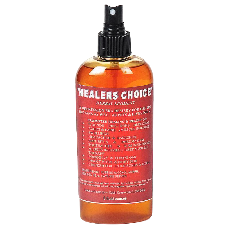Amber spray bottle of handcrafted Healer's Choice herbal liniment with red label detailing natural pain relief and healing properties, made in USA, featured in health remedies and wellness collections.