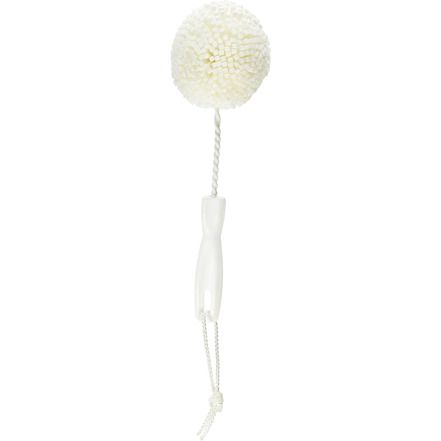 Round white foam brush with durable handle and braided hanging loop, designed for versatile kitchen cleaning without scratching glass or porcelain, handcrafted in USA for Home & Decor and Cleaning Utensils collections.