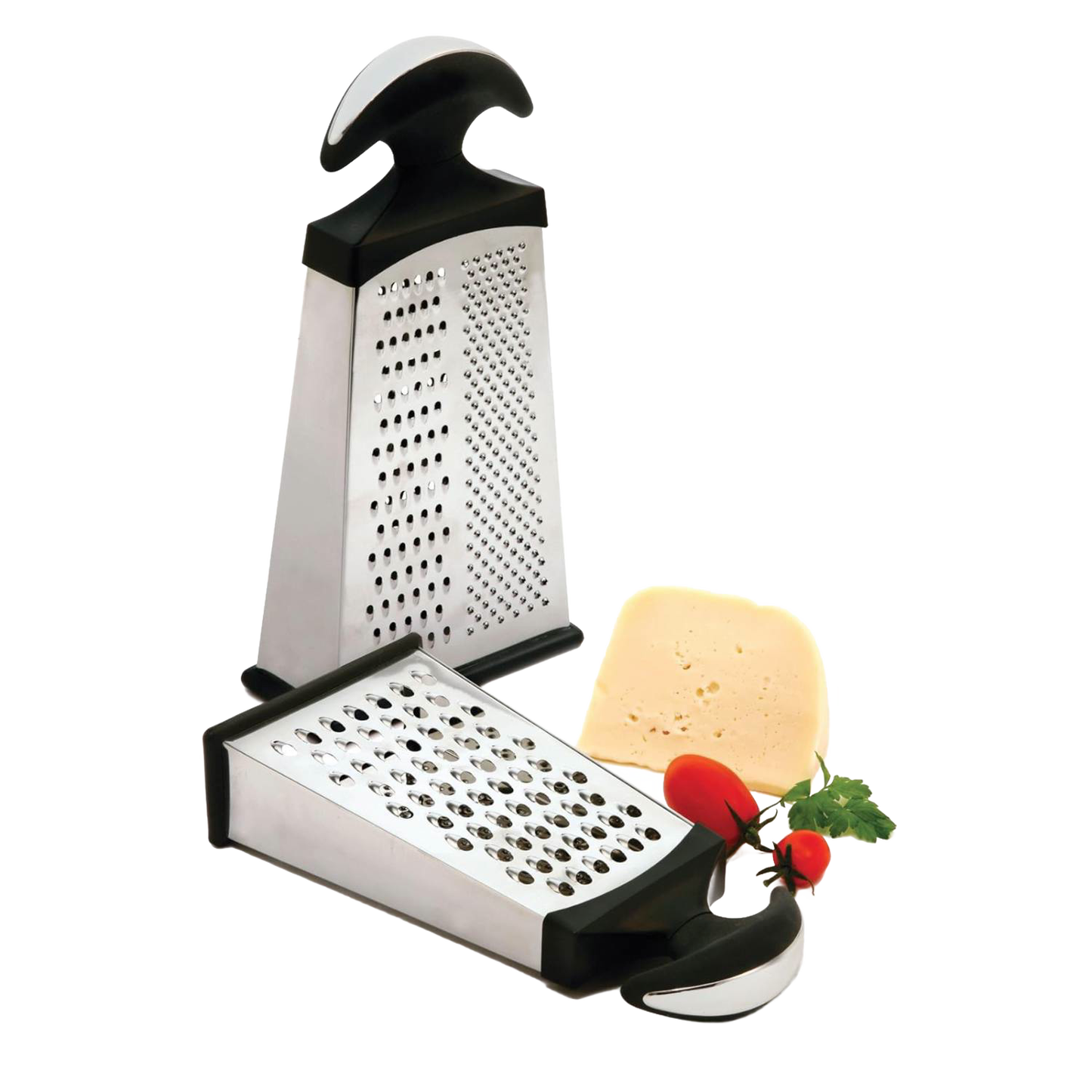 Two stainless steel cheese graters with razor-sharp fine, medium, and coarse sides, featuring ergonomic black handles and non-slip bases, shown with cheese and tomatoes, perfect for Kitchen & Food and Cooking and Baking Helpers collections.