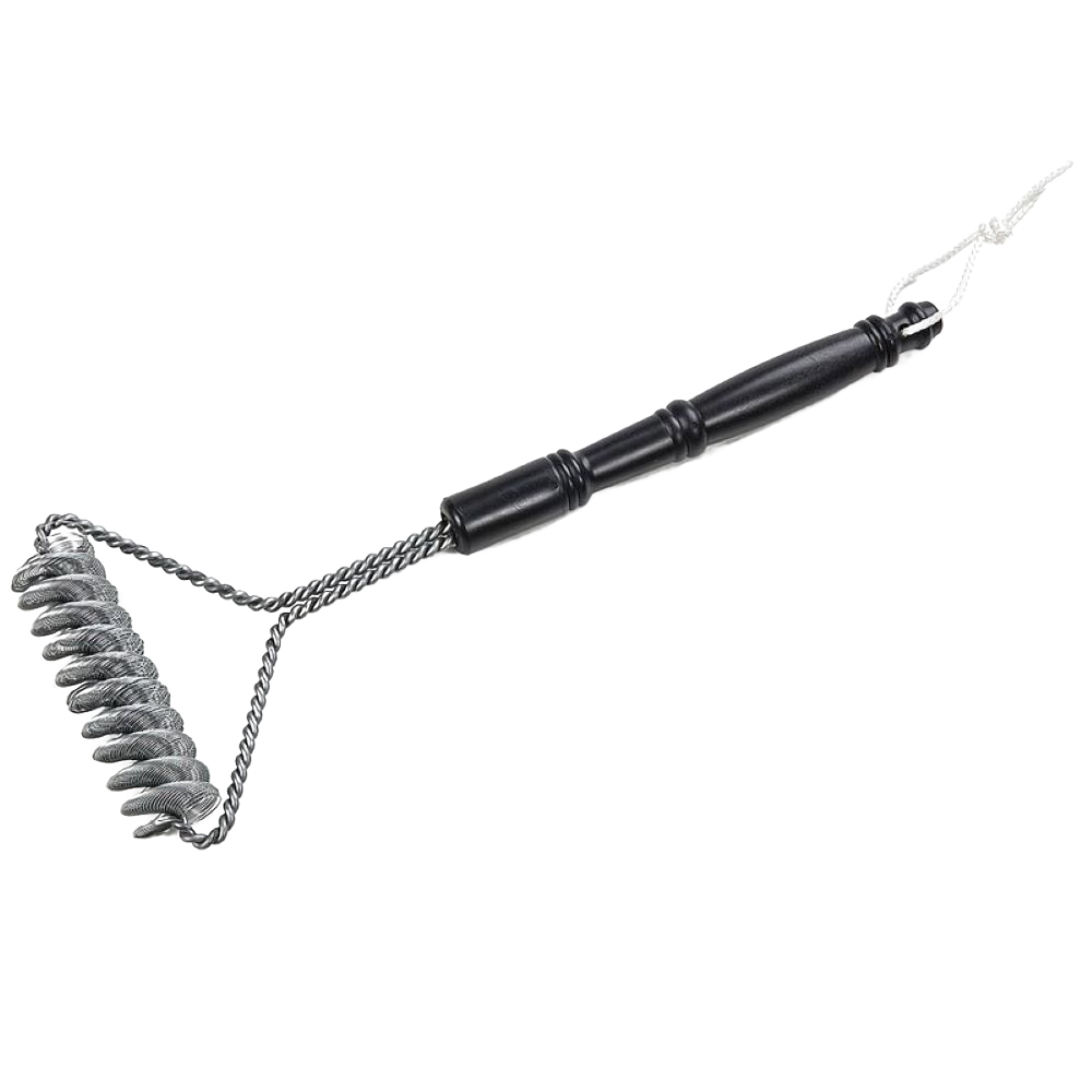 Durable barbecue cleaning brush with twisted wire spring bristles and a sturdy black handle, handcrafted in USA, perfect for grilling, camping, farm, garden, and stove use.
