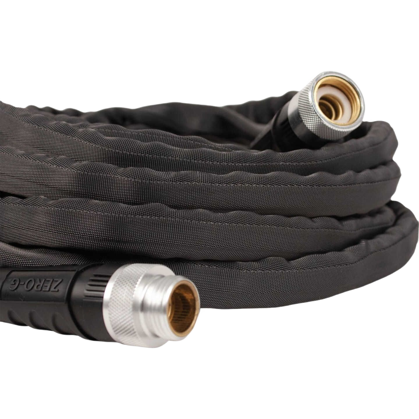 Lightweight black flexible garden hose with crush-proof metal couplings designed for easy handling, storage, and durability, featured in Farm, Garden & Tool and USA Made collections.