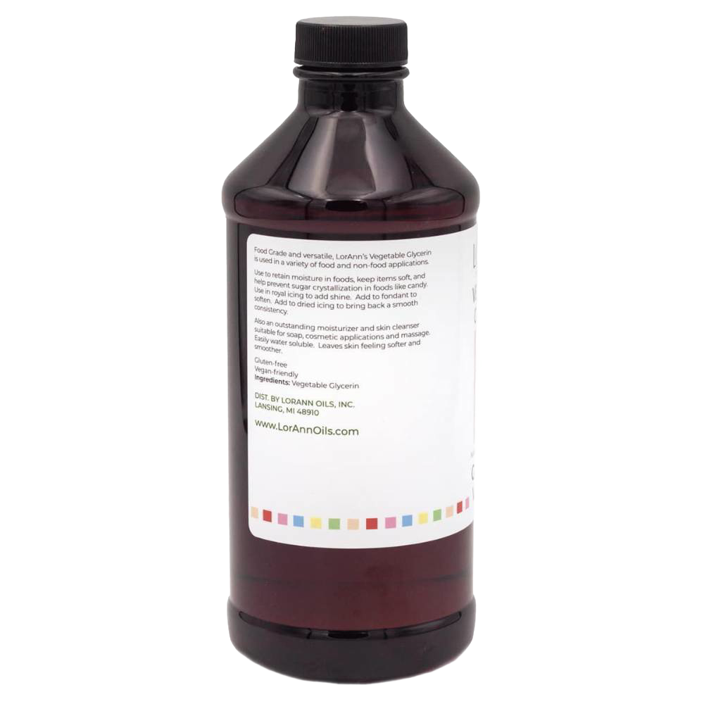 Amber plastic bottle of natural vegetable glycerin with black screw cap and white label, handcrafted and made in USA, suitable for health, wellness, soapmaking, and food uses.